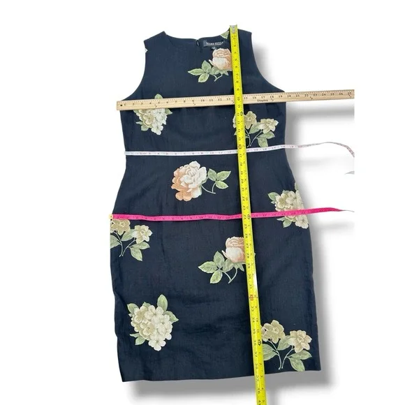 VTG 90s Ellen Tracy 100% Linen Dress 12 Black Floral Sheath Classic Cottagecore - Picture 6 of 14